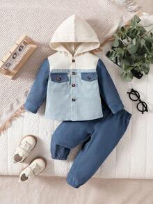 SHEIN Playful Pals 2pcs Baby Boy Solid Color Button Front Hoodie & Straight Pants Outfit