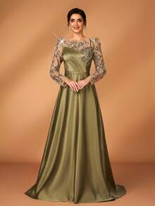 Serin 优雅奢华的珍珠串珠花卉亮片刺绣泡泡袖缎面褶皱A字连衣裙，适合婚礼、派对、度假、舞会、新娘母亲晚礼服 - 軍綠色 - 查看 7