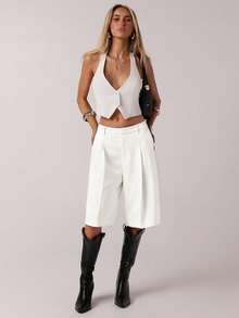 SHEIN Forever 21 女士极简通勤灰色百慕大短裤，春季款 - 白色 - 查看 6