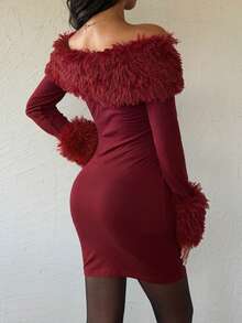 Sweetra Đầm ôm sát vai hở vai với họa tiết trang trí bằng vải nhung và thiết kế chắp vá cho nữ - Màu Đỏ Sâu - Xem 2