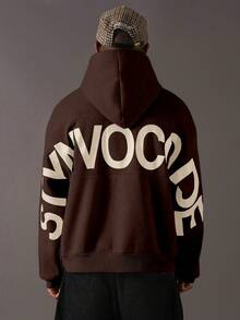 STYNVO 男士保暖内衬休闲字母图案宽松落肩连帽卫衣，秋季棕色连帽衫，棕色卫衣，棕色印花连帽衫，街头风棕色印花连帽衫 - 棕色 - 查看 6