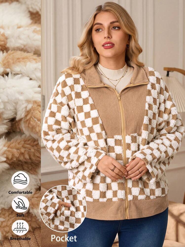 Plus Size Casual Checkerboard Patchwork Coat, Autumn/Winter For Women Thanksgiving, Thanksgiving For New Year Christmas Elegant Women Winter For Women Cozy Fall And Winter For Women Christmas New Year Winter For Women