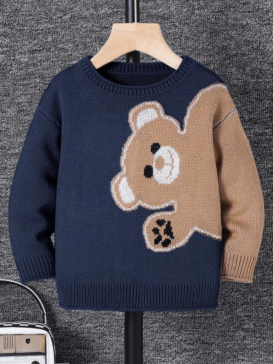 SHEIN Young Boy Casual Bear Pattern Sweater, Autumn/Winter - Navy Blue - View 1