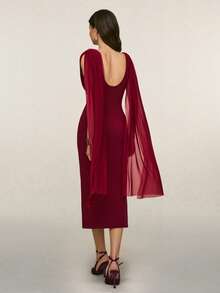 Poéselle Women's Burgundy Summer Elegant Dining Two-Piece Set,Ruched Shawl Top & Sleeveless Slim-Fit Midi Dress With Gold Brooch,Wedding Cocktail Party Outfit - Burgundy - View 2