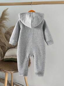SHEIN Baby Boys' Plaid Hooded Jumpsuit, Autumn/Winter Zipper Design Thick Warm Outerwear Jumpsuit, New Arrival - Grey - View 2