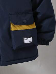 1pc Boys' Patchwork Contrast Color Utility Pocket Padded Coat With Fur Collar, Suitable For Outdoor Casual Wear In Autumn/Winter - Navy Blue - View 3