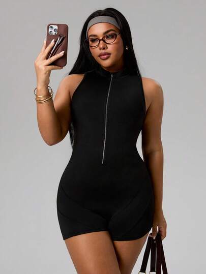 Rhythm Era Women's Sleeveless Zipper Short Fitted Sporty Casual Jumpsuit, Suitable For Daily Wear, Running, Yoga, Plus Size Athletic Romper Bodysuit Romper Tummy Control Romper Athletic Romper Dress Black Romper Women Body Suit Romper
