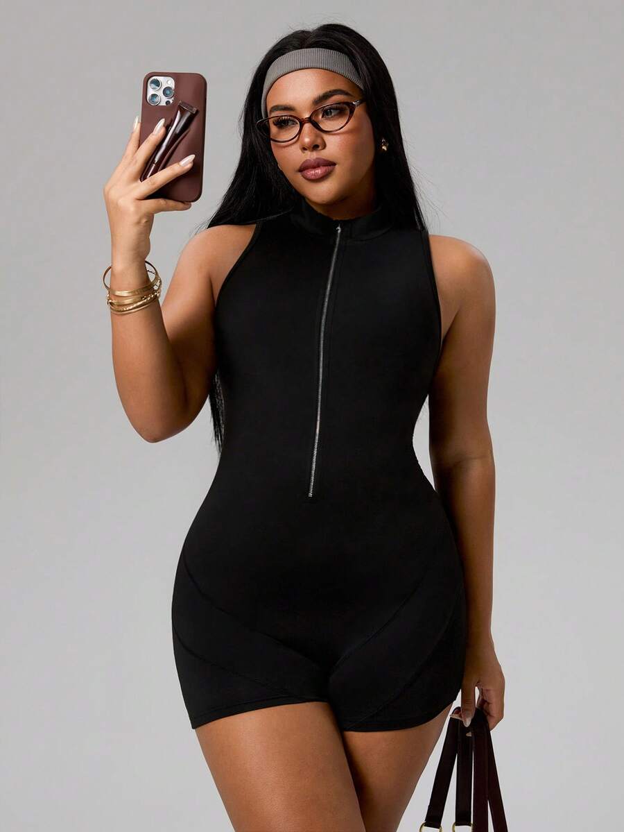 Rhythm Era Women's Sleeveless Zipper Short Fitted Sporty Casual Jumpsuit, Suitable For Daily Wear, Running, Yoga, Plus Size Athletic Romper Bodysuit Romper Tummy Control Romper Athletic Romper Dress Black Romper Women Body Suit Romper
