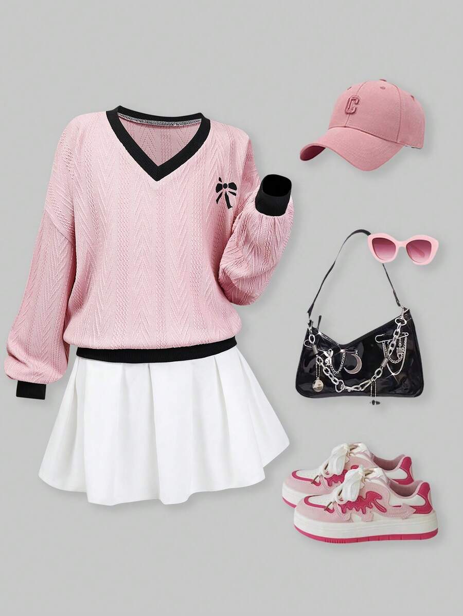 SHEIN ChillGRL Bộ áo nỉ dài tay họa tiết màu hồng và chân váy mini thường ngày cho bé gái tuổi mới lớn, mùa thu - Nhiều màu - Xem 1