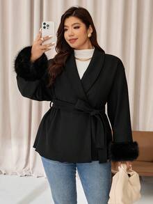 Auralis Plus-Size Women's Autumn/Winter Black Fleece Patchwork Belted Coat,Elegant,Formal,Dinner,Evening,Fashionable Casual Loose Winter Coat Fall/Winter - Black - View 1