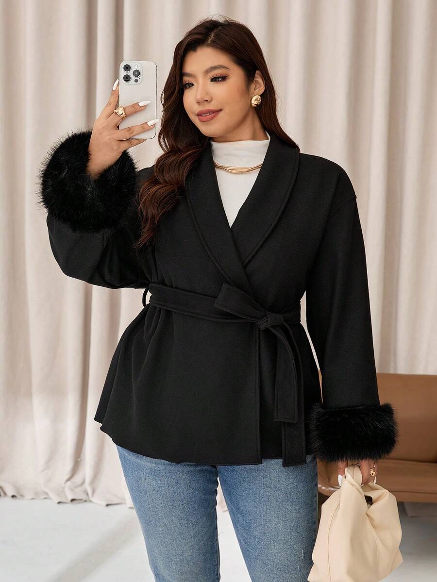 Auralis Plus-Size Women's Autumn/Winter Black Fleece Patchwork Belted Coat,Elegant,Formal,Dinner,Evening,Fashionable Casual Loose Winter Coat Fall/Winter - Black - View 1