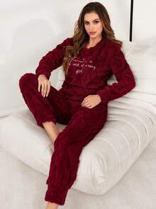 Letter Embroidery Jacquard Plush Women's Lounge Set, Fluffy Winter Clothes Cozy Sets Women Burgundy Pajama Set Women Lounge Wear Sets Red Pj Set Women Pajama Sets For Women Winter - Red - View 3