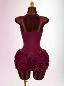Y2K Amplova 2pcs Women's Sexy Avant-Garde Date Night Outfit, Twist Knot Butterfly Bust Waist Sheer Jumpsuit, Floral Print Skirt Slaydiva Dress Mini Dress Night Club Dress Sexy Birthday Dress - Burgundy - View 2