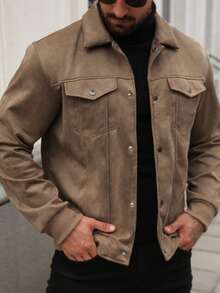 Manfinity CasualCool 男士纯色简约日常长袖麂皮夹克 - 卡其色 - 查看 4