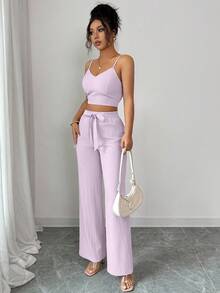SHEIN PETITE 女士休闲纯色高腰吊带背心和阔腿裤套装 - 淡紫色 - 查看 5