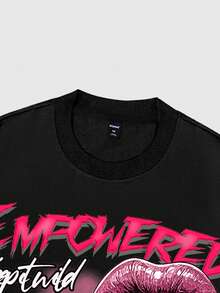 ROMWE MEN Street Life Camiseta de manga larga con estampado de labios de moda para hombre - Negro - Ver 3