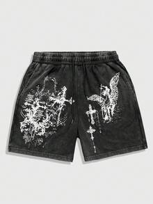 ROMWE MEN Goth Men's Casual Fashion Street Cross & Slogan Print Drawstring Waist Washed Shorts, Summer - Black - View 1