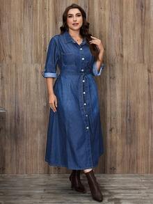 EMERY ROSE Váy denim thắt lưng thanh lịch cho nữ cỡ lớn - Rửa trung bình - Xem 8