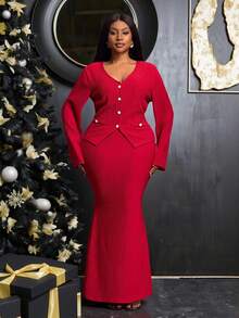 Slaydiva Bộ đồ 2 món cỡ lớn thu/đông 2025 dành cho nữ, gồm áo dài tay cổ chữ V họa tiết và chân váy ôm sát gấu váy đuôi cá, thanh lịch cho lễ hội âm nhạc, đám cưới, hẹn hò, tiệc tùng và đi làm - Đỏ - Xem 9