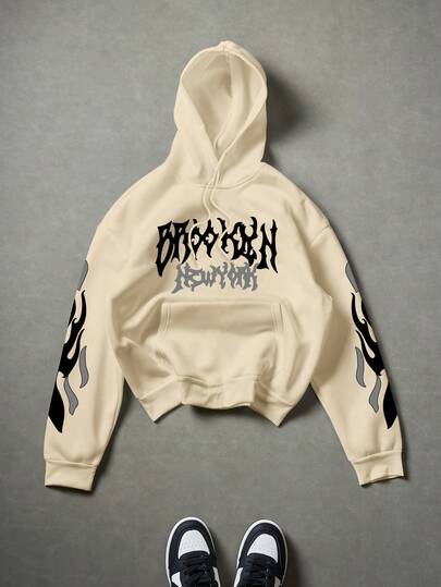 Manfinity EMRG Sudadera con capucha casual de manga larga con bolsillo y cordón para hombre con estampado de letras