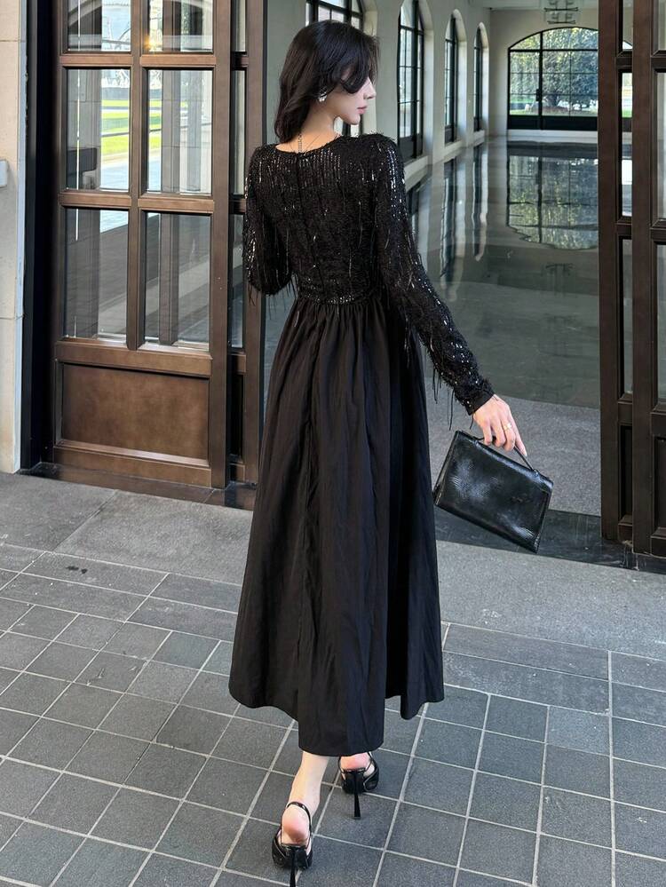 French Elegant Black Long Dress, Slimming Women's Dress For Autumn/Winter