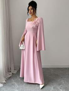 SHEIN Raffinéa 女士花卉装饰露肩连衣裙，方领，长喇叭袖，收腰A字裙摆，时尚中东风格，适合日常穿着 - 粉色 - 查看 4