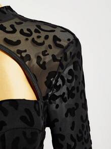 Mistrie Sexy Leopard Print Flocking Pattern Black Bodysuit,Summer Spring Mock Neck Cut Out Underwire Bust Cup Slim Fit Long Sleeve Semi-Sheer Bodysuits,Casual Cheetah Print Mesh Contract Boned Jumpsuits,Fashion Street See-Through Clothes,Sexy Party Outfits For Women,Music Festival/Club/Night Out/Rave Festival Outfits,Valentine Dating Wear - Black - View 6