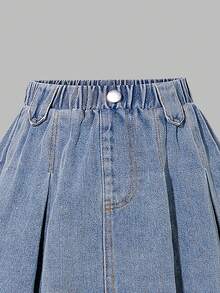 SHEIN ChillGRL 2pcs/Set Tween Girls Summer White Loose Short Sleeve Star Print Top & Pleated Denim Skirt Outfit - Multicolor - View 7