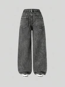 SHEIN Explorewe Tween Girl Graffiti Ripped Wide Leg Jeans, Loose Cute Straight Leg Pants - Dark Grey - View 2