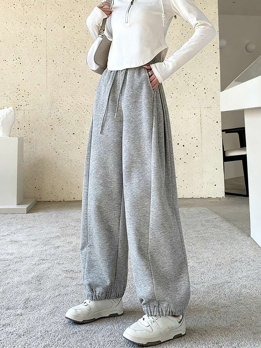 SHEIN 女士印花抽绳松紧腰宽松口袋哈伦裤 - 灰色 - 查看 1