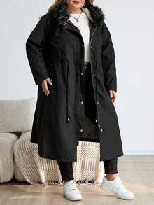 SHEIN CURVE+ Plus Size Women's Long Hooded  Thermal Lined Winter Coat - Black - View 3