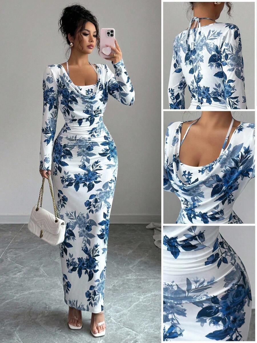 Elenzga New Style Blue & White Floral Print Sexy Elegant Draped Neck Ruffle Tie Waist Slim Fit Bodycon Mini Dress, Autumn/Winter - Navy Blue - View 1