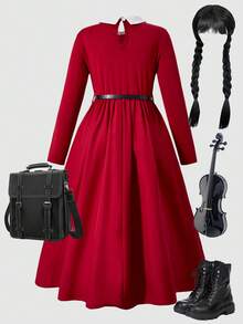 SHEIN ChillGRL 1pc Tween Girl Contrast Color Collar Long Sleeve Casual School Style Dress - Burgundy - View 2