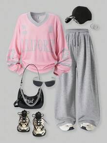 SHEIN Explorewe Set de 2 piezas Romweezy para niñas preadolescentes: sudadera holgada con estampado de letras americanas y pantalones rectos, adecuado para uso casual diario, deportes y vuelta al colegio en primavera/otoño - Rosa - Ver 1