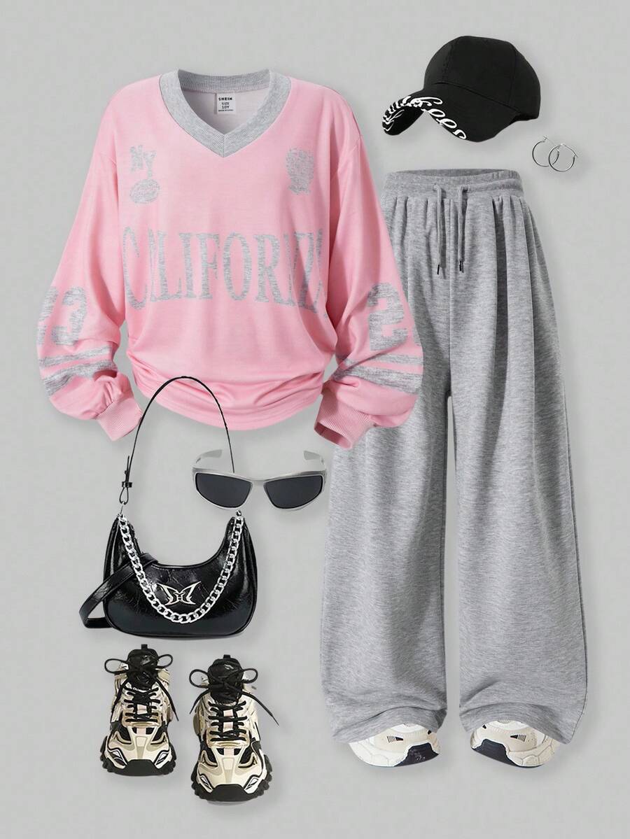 SHEIN Explorewe Set de 2 piezas Romweezy para niñas preadolescentes: sudadera holgada con estampado de letras americanas y pantalones rectos, adecuado para uso casual diario, deportes y vuelta al colegio en primavera/otoño - Rosa - Ver 1