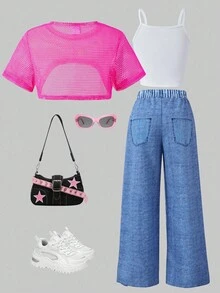 SHEIN ChillGRL Tween Girl 3pcs Spring Break Outfit Set, Solid Color Crop Top, Rabbit Print Camisole Top, And Letter Rabbit Graphic Print Denim Effect Pants, Festival Outfit Summer Holiday