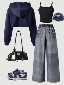 SHEIN ChillGRL بنطلون جينز مطبوع بطراز الشارع الفضفاض للفتيات المراهقات، توب كامي قصير، ملابس علوية شبكية مقنعة بأكمام طويلة، طقم ملابس مكون من 3 قطع، موضة