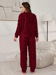 Letter Embroidery Jacquard Plush Women's Lounge Set, Fluffy Winter Clothes Cozy Sets Women Burgundy Pajama Set Women Lounge Wear Sets Red Pj Set Women Pajama Sets For Women Winter - Red - View 2