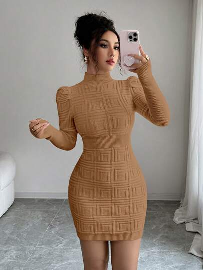 Elenzga Vestido de suéter de mujer con cuello alto, elegante, de Body ceñido, con textura acanalada en la cintura