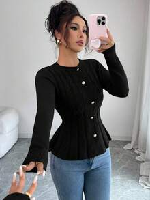 Elenzga pull élégant à manches longues vert olive avec torsade, pour l'automne/l'hiver