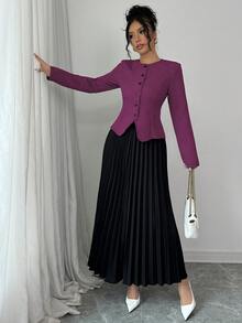 Elenzga 女士粗花呢长袖外套和褶裥中长裙优雅套装 - 玫瑰紅 - 查看 3