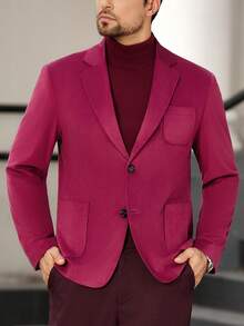 Manfinity Bizformal 男士纯色翻领单排扣商务休闲西装外套 - 酒紅色 - 查看 1