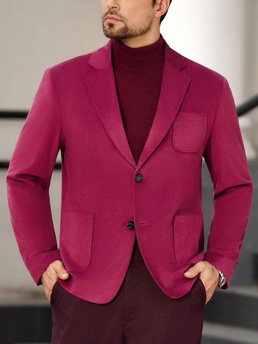 Manfinity Bizformal 男士纯色翻领单排扣商务休闲西装外套 - 酒紅色 - 查看 1