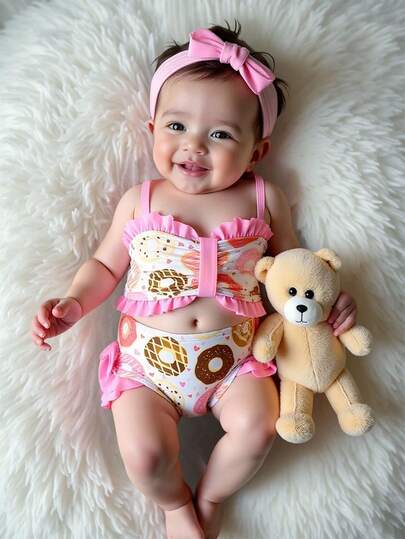 Conjunto de bikini para bebé/niña, último conjunto de bikini de baño lindo. Diseño de rosquilla, ribete floral rosa, lazo adorable, diseño de tirantes de espagueti, adecuado para niñas de 1 a 3 años para vacaciones o natación