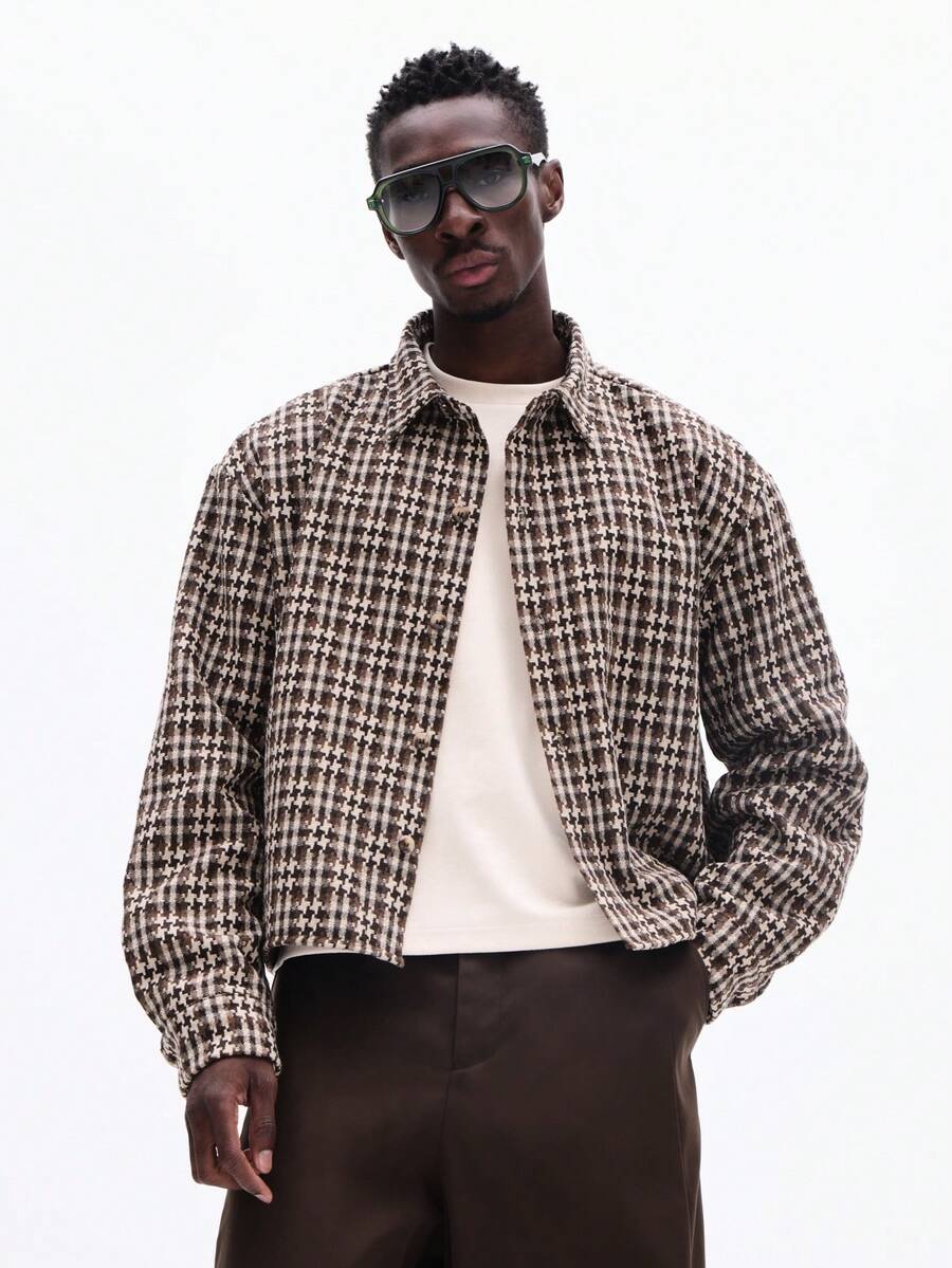 SUMWON 男士修身长袖千鸟格纹衬衫，翻领设计，纽扣开襟，适合秋冬季休闲穿搭 - 咖啡棕 - 查看 1