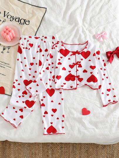 1set Young Girls Pajamas, Fashion Elegant Red Heart All-Over Print, 3D Bow Decor, Contrast Ruffle Trim, Long Sleeve Top And Pants 2pcs Sleepwear Set Heart Pajama Set Young Girls Pajamas-Pajama Set Crew Neck Long Sleeve Top Long Pants Red Heart Print White Base Adorable Bow Tie Detail Cozy Comfortable Homewear All Season 2026 New Year Essential