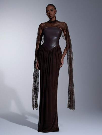 Elitara Elegant, lyxig och mångsidig klänning i läderpatchwork med elastisk stickad mesh och spets, rynkad med avtagbara paljettärmar och fiskbenskant, lämplig för bröllop, fester, semestrar, galor och formella evenemang.