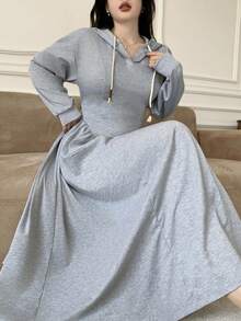 Modelyn 女士休闲连帽抽绳修身喇叭下摆灰色卫衣，秋冬款 - 灰色 - 查看 5