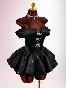 New Year & Valentine's Day Party/Date Off-Shoulder Rhinestone Bow Decor Bodycon Mini A-Line Dress Y2k Dress Black Satin Dress - Black - View 9