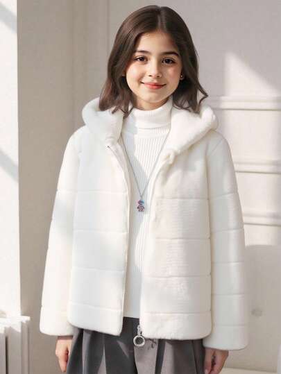 Sparklyn Tween Girl Solid Color Fuzzy Hooded Casual Versatile Jacket, Suitable For Daily Wear